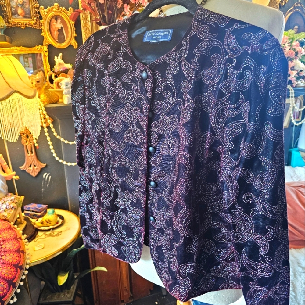 Black and purple sparkling velvet button-up top size M
